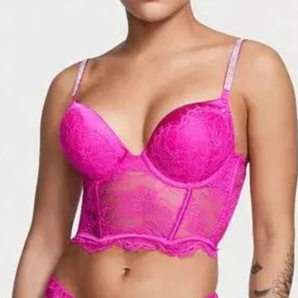 Victoria's Secret Other - Victoria's Secret Very Sexy Hot Pink Lace Shine Strap Push-Up Corset Top. 36D.